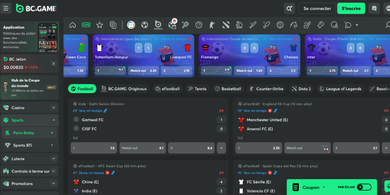Capture d'écran de la page des sports du bookmaker BC.GAME
