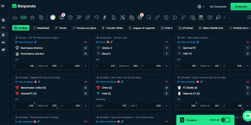 Capture d'écran de la page des sports du bookmaker Betpanda