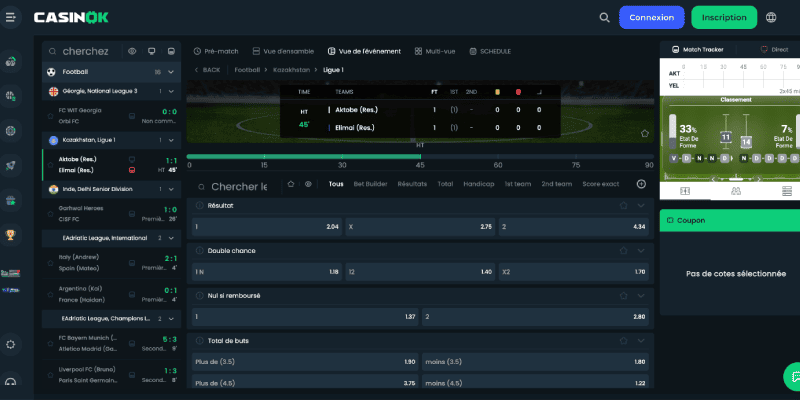 Capture d'écran de la page des sports du bookmaker CasinOK