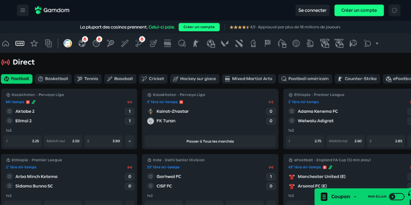 Capture d'écran de la page des sports du bookmaker Gamdom