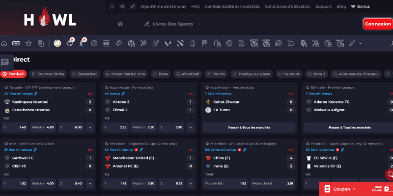 Capture d'écran de la page des sports du bookmaker Howl