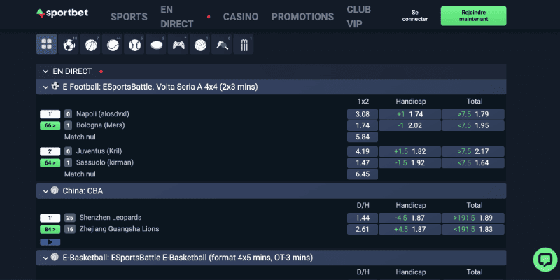 Capture d'écran de la page des sports du bookmaker Sportbet