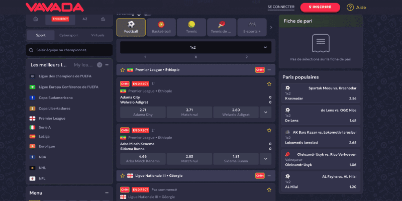 Capture d'écran de la page des sports du bookmaker Vavada