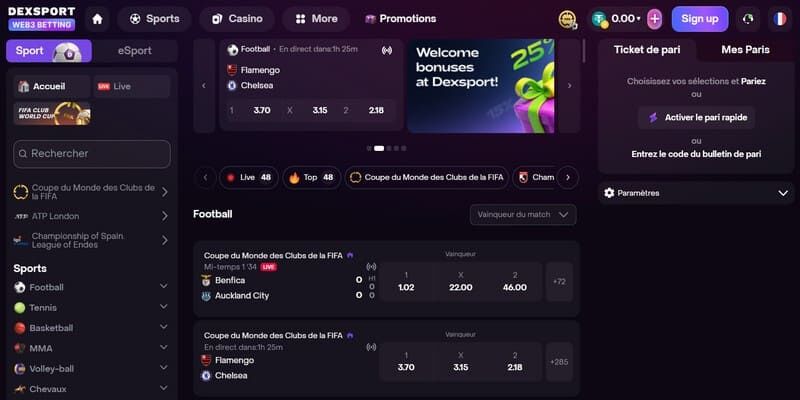 Capture d'écran de la page des sports du bookmaker Dexsport