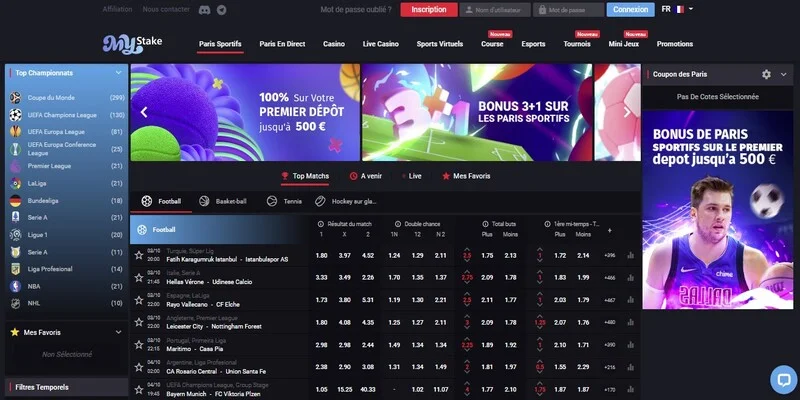 Capture d'écran de la page des sports du bookmaker MyStake