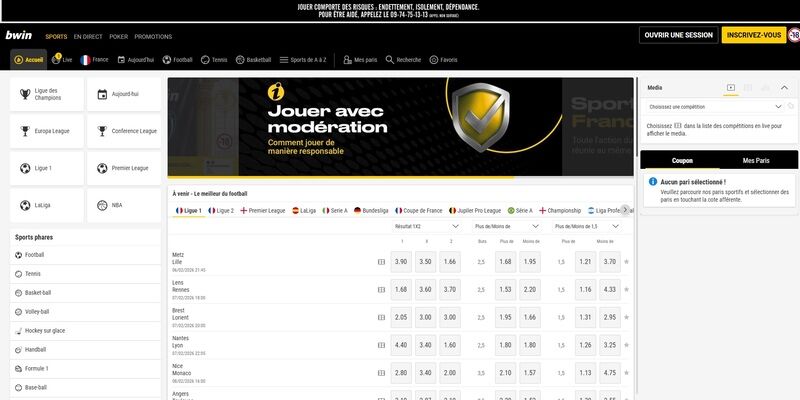 Capture d'écran de la page sports du Bwin