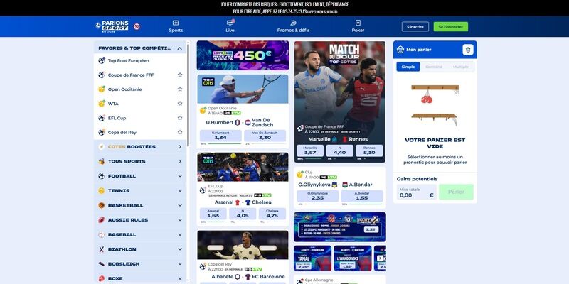 Capture d'écran de la page sports du Parions Sport