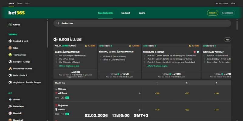 Capture d'écran de la page sportive du bookmaker