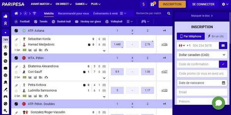 Capture d'écran de la page sportive du bookmaker