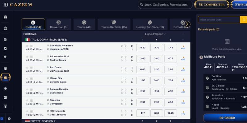 Capture d'écran de la page de paris sportifs Cazeus
