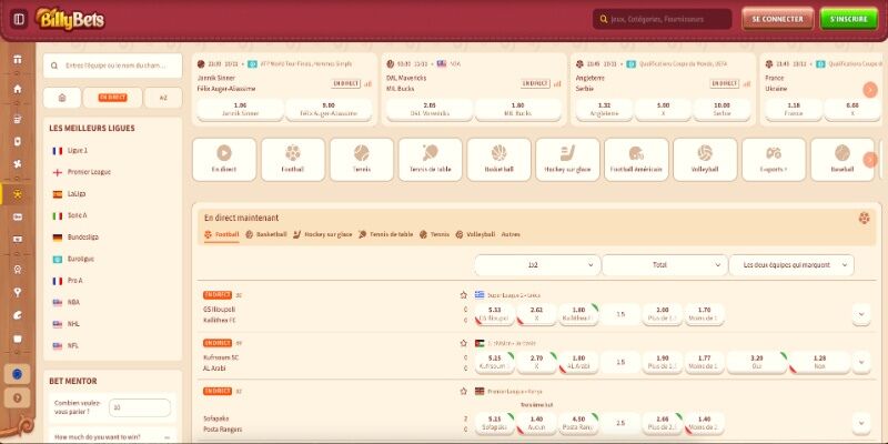 Capture d'écran de la page de paris sportifs BillyBets