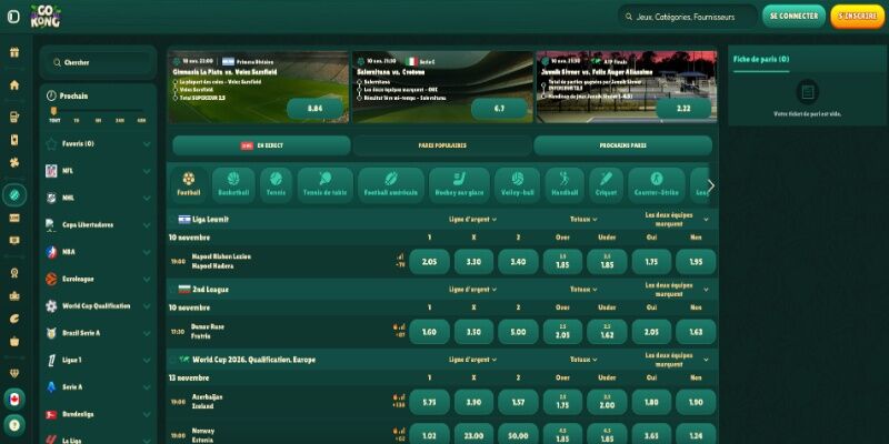 Capture d'écran de la page de paris sportifs GoKong