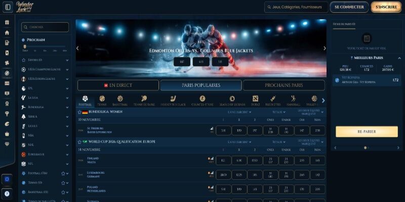Capture d'écran de la page de paris sportifs Wonderluck