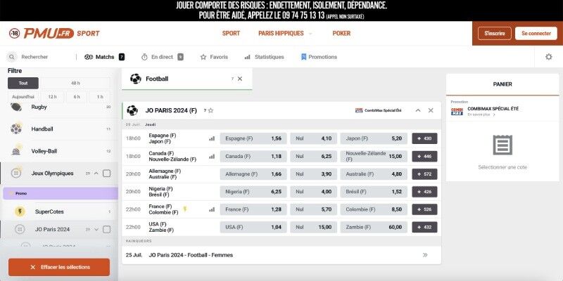 Capture d'écran de la page de paris sportifs PMU