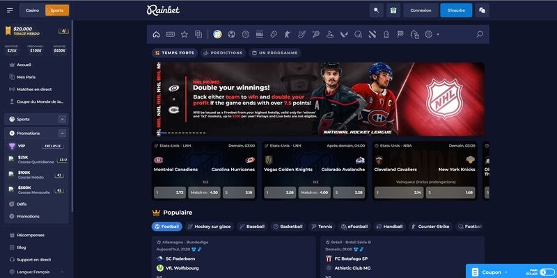 Capture d'écran de la page « Sports » de Rainbet