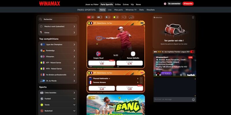 Capture d'écran de la page « Sports » de Winamax