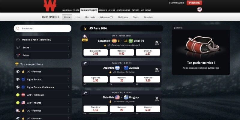 capture d'écran de la page des sports Winamax