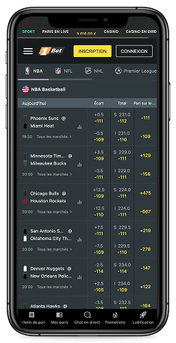 Capture d'écran mobile de la page sportive 1bet