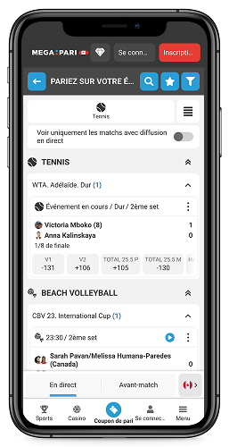 Capture d'écran mobile de la page sportive Megapari