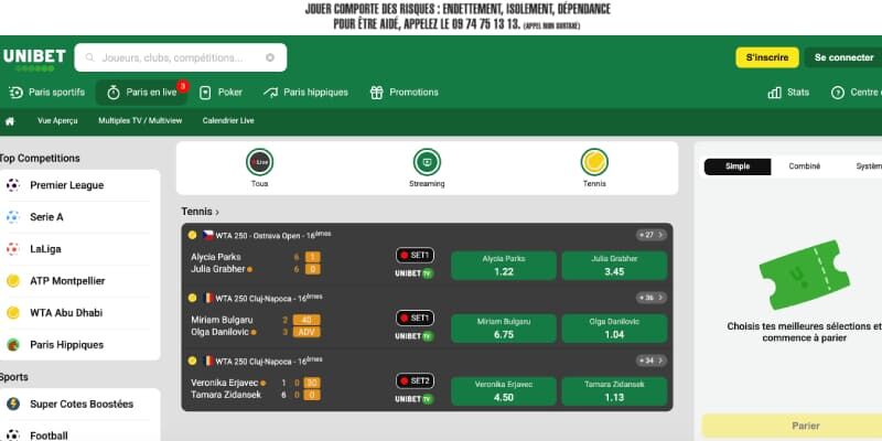 Capture d'écran de la page sportive du bookmaker Unibet