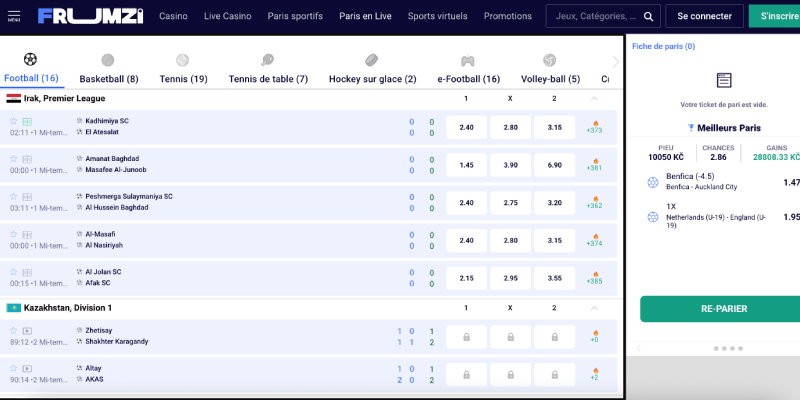 Capture d'écran de la page sportive du bookmaker Frumzi