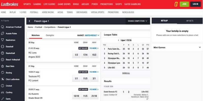 Capture d'écran de la page sportive du bookmaker Ladbrokes