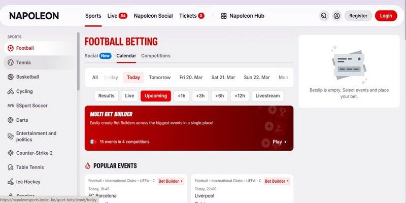 Capture d'écran de la page sportive du bookmaker Napoleon