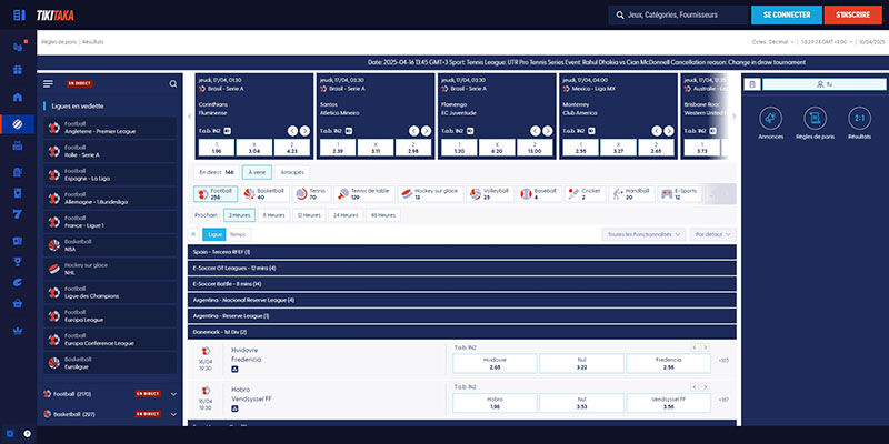 Capture d'écran de la page sportive du bookmaker Tikitaka