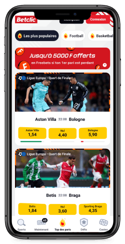 Capture d'écran de la page des sports