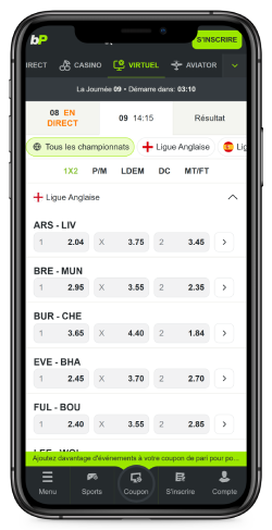 Capture d'écran de la page des sports