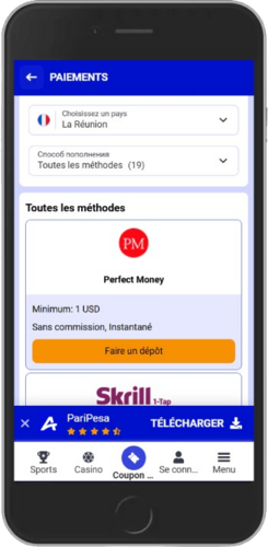 Écran des options de paiement de Paripesa