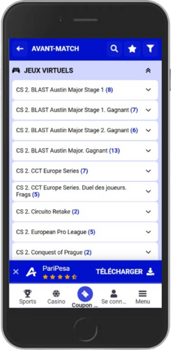 Capture d'écran mobile de la page sportive de Paripesa
