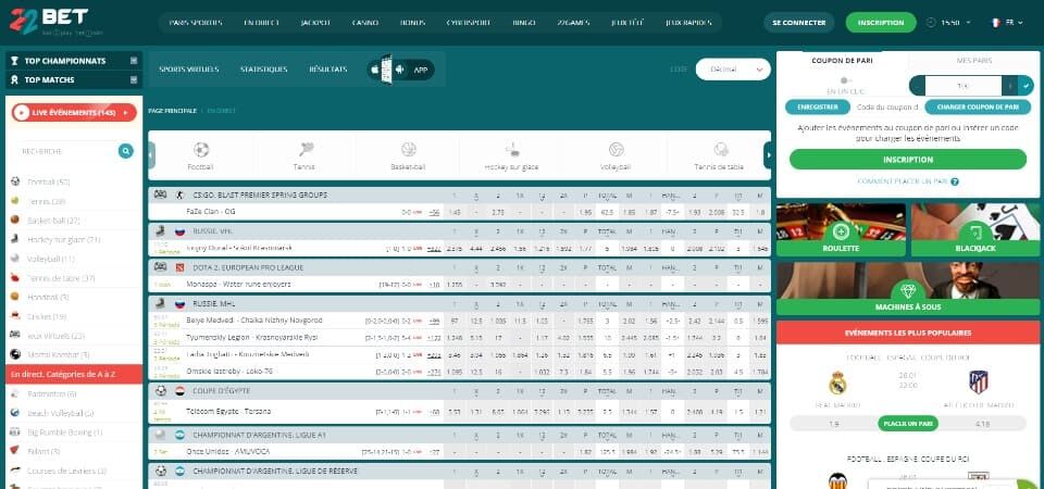 Capture d'écran de la page sport de 22Bet