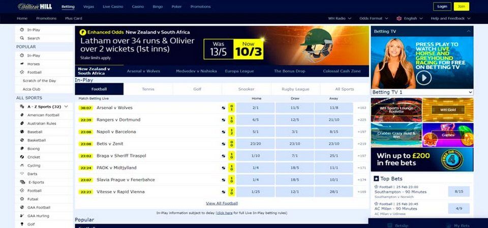 Capture d'écran de la page sport de William Hill
