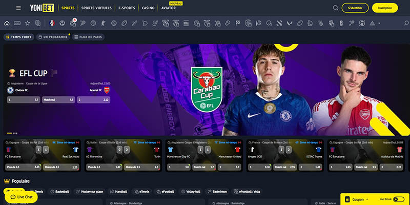 Capture d'écran de la page sport de Yonibet