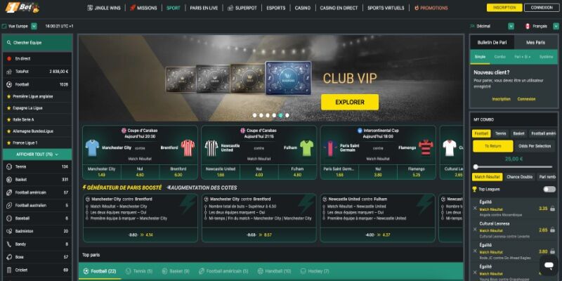 Capture d'écran de la page principale 1Bet