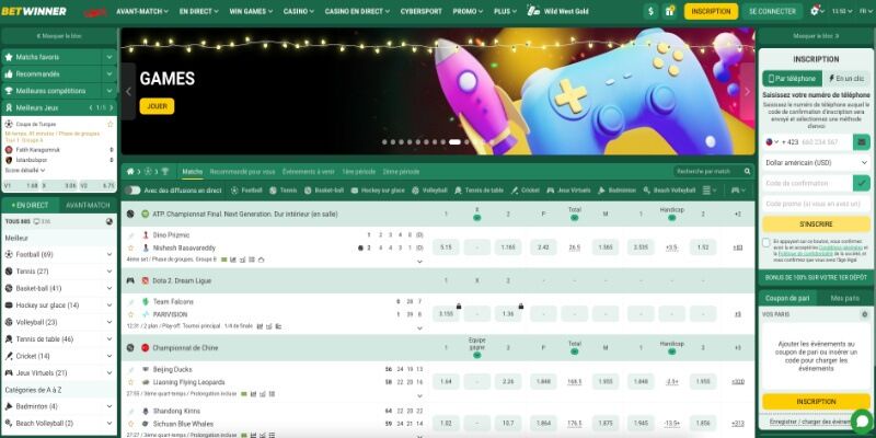 Capture d'écran de la page principale BetWinner