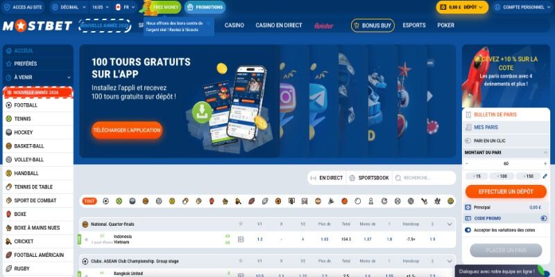Capture d'écran de la page principale Mostbet