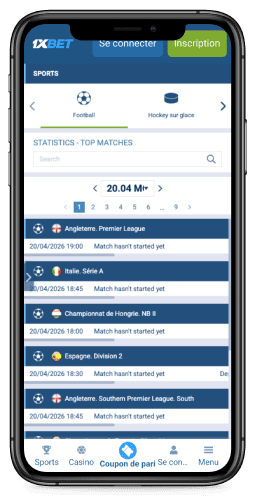 Capture d'écran de la page des sports