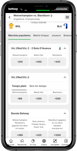 Les sports et compétitions disponibles sur l'application Betway 2