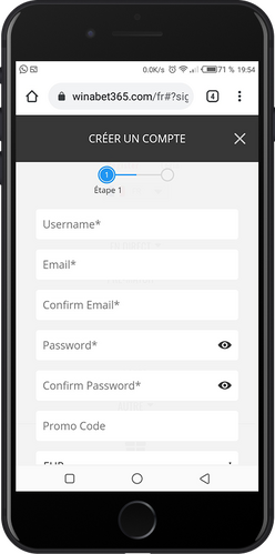 Première page d'inscription à winabet365
