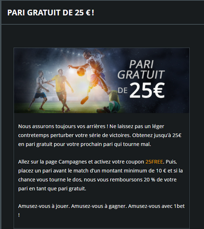 1bet Pari gratuit de 25€