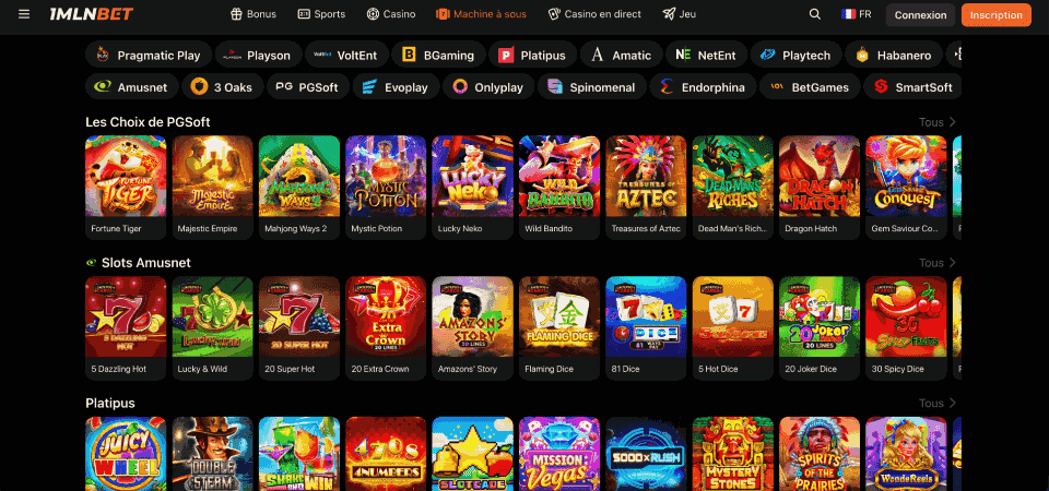 Capture d'écran de la page du casino 1MLNBET
