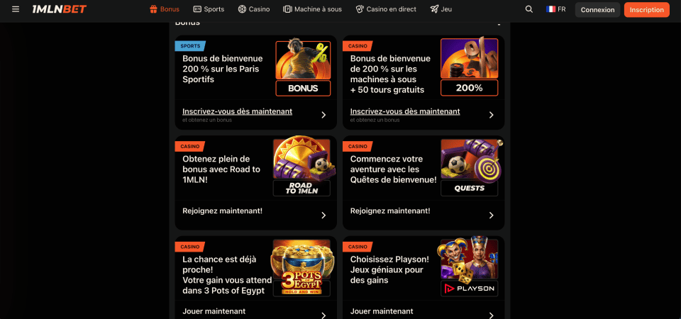 Capture d'écran de la page de promotion de 1MLNBET