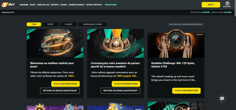 Capture d'écran de la page promotionnelle de 1Bet