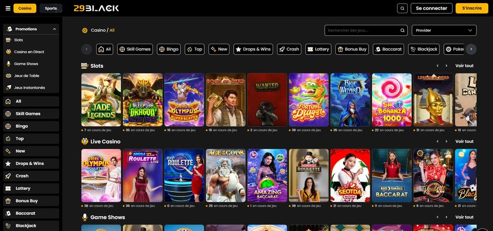 Capture d'écran de la page du casino sur 29Black