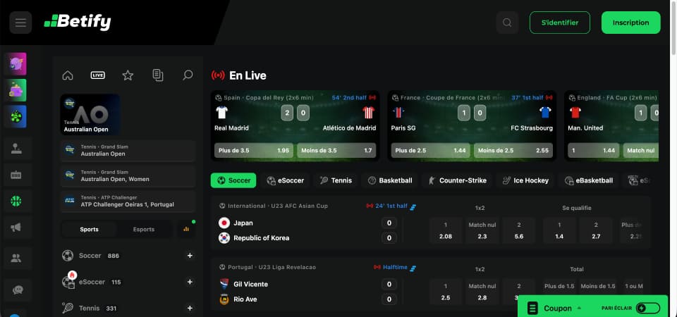 Capture d'écran de la page en direct de Betify