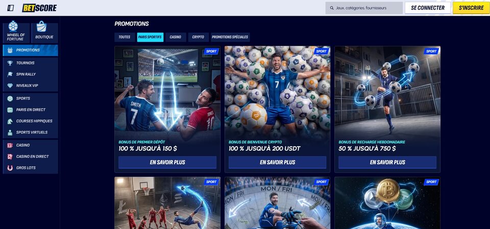 Capture d'écran de la page des promotions sur BetScore