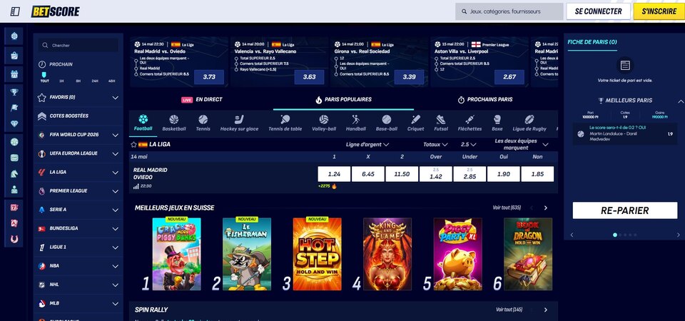 Capture d'écran de la page « Sports » sur BetScore