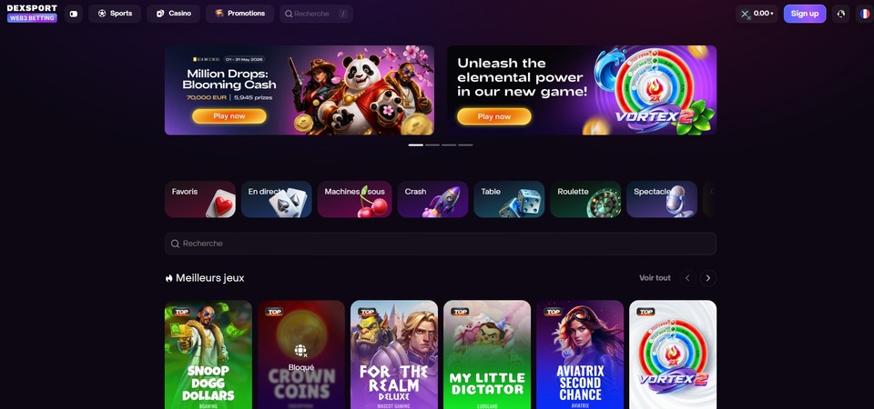 Capture d'écran de la page du casino sur Dexsport